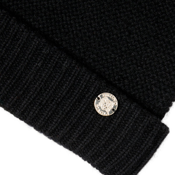 Women's CASHMERE LINKS STITCH KNIT HAT W/ RIB CUFF BLACK