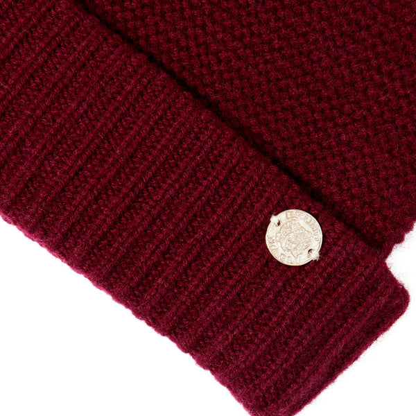 Women's CASHMERE LINKS STITCH KNIT HAT W/ RIB CUFF BURGUNDY